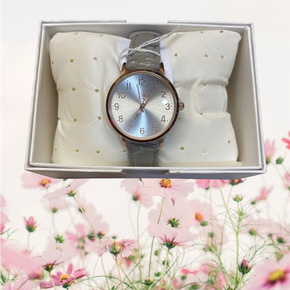 Silver and Rose Gold Watch with Gray Strap